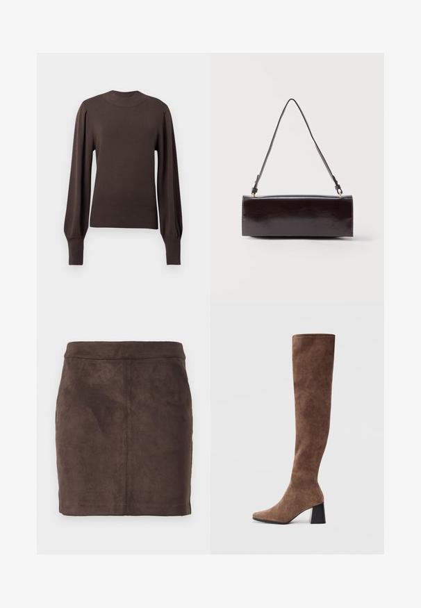 Brun strikket sweater med høj halsudskæring, lange puffede ærmer og ribbede manchetter. Glat tekstur med en tætsiddende silhuet.; Brun ruskind mini-nederdel med en glat tekstur, tætsiddende design og en flad talje, der har lodrette sømme for struktur.; Brune støvler over knæet lavet af blødt ruskind med spids tå og en kraftig sort hæl. Designet har sømløs syning for et elegant udseende.; Rektangulær sort læderhåndtaske med en enkelt lang rem og blank finish, vist mod en ensfarvet hvid baggrund.