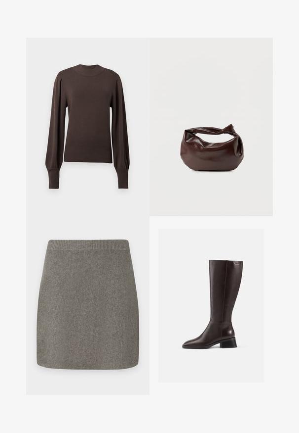 Pull en maille marron avec un col montant, de longues manches bouffantes et des poignets côtelés. Texture lisse avec une silhouette ajustée.; Jupe mini en tricot gris avec une taille côtelée, texture lisse et coupe droite, conçue pour une silhouette ajustée.; Bottes en cuir marron arrivant au genou avec une finition lisse, bout rond et un talon empilé noir. Design simple avec des détails matériels minimaux.; Sac bandoulière en cuir marron foncé avec une forme souple et décontractée et une anse nouée torsadée sur un fond blanc uni.