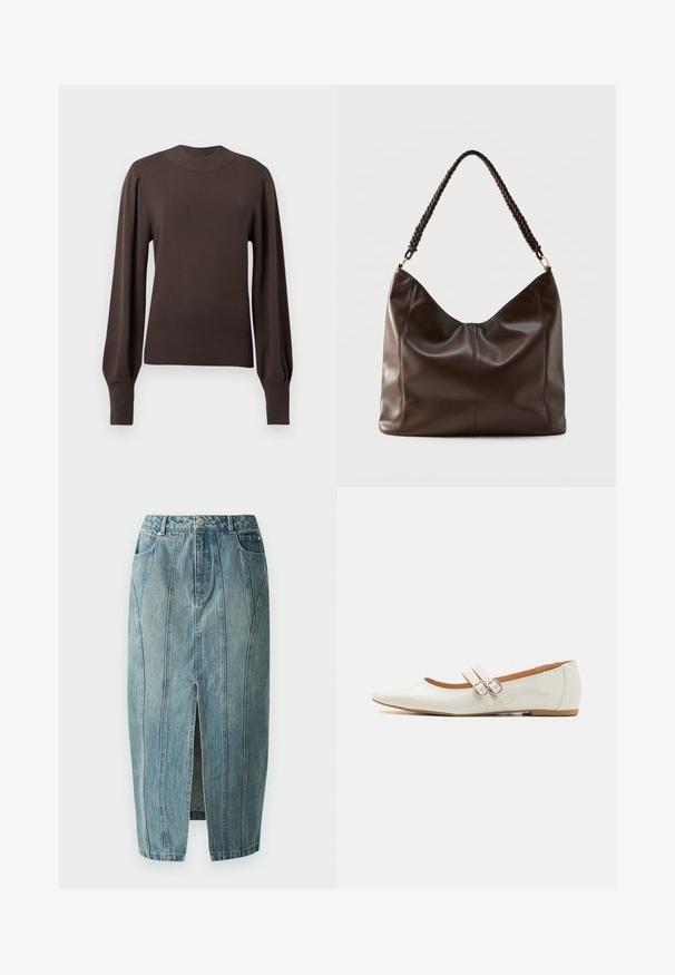 Brun strikket sweater med høj halsudskæring, lange puffede ærmer og ribbede manchetter. Glat tekstur med en tætsiddende silhuet.; Copenhagen Muse JEANNE SKIRT - Denimnederdele - medium dirty washed denim; Hvide patentlæder flade sko med spids tå, to dekorative stropper med sølvspænder og en diskret brun sål.; Mørkebrun læder skuldertaske med flettet håndtag og synlige sømdetaljer på forsiden.