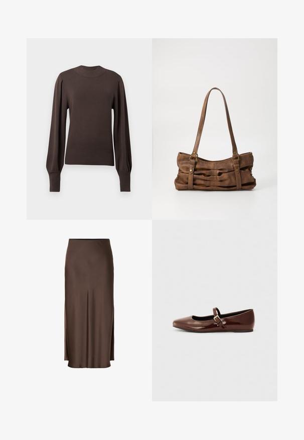 Brun strikket sweater med høj halsudskæring, lange puffede ærmer og ribbede manchetter. Glat tekstur med en tætsiddende silhuet.; Brun satin nederdel med et lige design, der har sideslids for let bevægelse og en glat tekstur gennem stoffet.; Brun patentlæder balletflade med firkantet tå og strop med en lille guldbuckle. Glat tekstur, lav hæl og minimalistisk design.; Even&Odd Håndtasker - brown