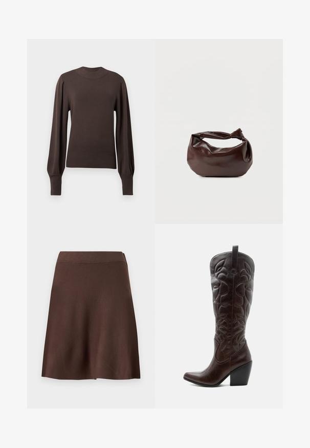 Brun strikket sweater med høj halsudskæring, lange puffede ærmer og ribbede manchetter. Glat tekstur med en tætsiddende silhuet.; Brun A-formet nederdel med elastisk talje, glat strik tekstur og let svaj i kanten mod en ensfarvet lys baggrund.; Høj mørkebrun læder cowboystøvle med syede dekorative mønstre, spids tå og stablet blokhæle.; Mørkebrun læder skuldertaske med en blød, afslappet form og et snoet knudehåndtag på en ensartet hvid baggrund.