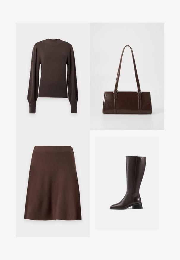 Brun strikket sweater med høj halsudskæring, lange puffede ærmer og ribbede manchetter. Glat tekstur med en tætsiddende silhuet.; Brun A-formet nederdel med elastisk talje, glat strik tekstur og let svaj i kanten mod en ensfarvet lys baggrund.; Brune læderstøvler til knæene med en glat overflade, rund tå og en stablet sort hæl. Simpelt design med minimale hardwaredetaljer.; Brun lakeret håndtaske med rektangulær form, to lange håndtag og subtile buede detaljer på fronten.