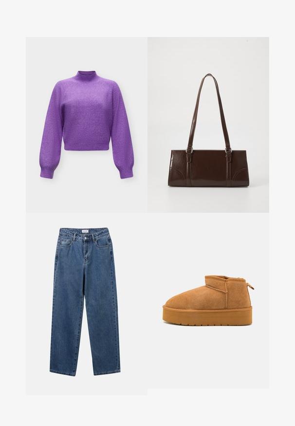 Paarse trui met lange mouwen, hoge kraag, geribbelde boorden en tailleband, weergegeven op een effen lichte achtergrond.; Klassieke blauwe denim jeans met een rechte pijp, vijf zakken en een knoopsluiting. Heeft een middelgrote wasbeurt en stevige textuur.; Bruine suède enkellaarzen met een ronde neus, laag uitgesneden ontwerp en een gestructureerde rubberen zool met een lichte plateauzool en een trekhaak.; Bruine lakleren handtas met een rechthoekige vorm, twee lange handvatten en subtiele gebogen accenten aan de voorkant.