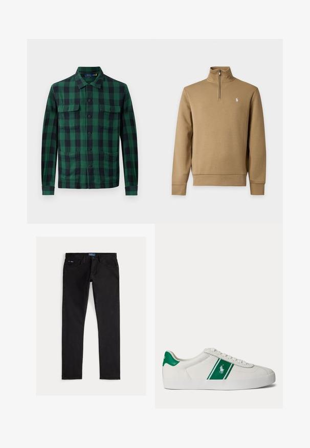 Beige langærmet pullover med kvart lynlås og opretstående krave, med lille hvidt broderet logo på venstre bryst.; Grøn- og sortternet skjorte lavet af stof med knaplukning foran, to brystlommer og lange ærmer med knapmanchetter.; Sorte denimjeans med slim pasform, der har fem lommer, bæltestropper og et blåt mærke på linningen. Glat, holdbart stof.; Hvid low-top sneaker med grøn stribe og Polo-logo på siden, grøn hæl-flik og hvide snørebånd, vist fra venstre side på ensfarvet baggrund.