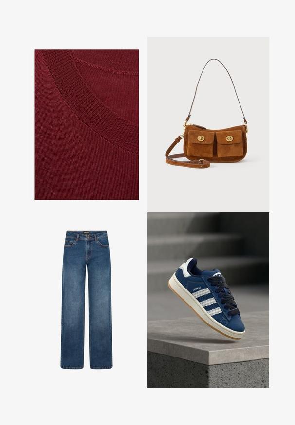 Close-up af et mørkerødt strikket stof, der viser en ribbet rund halsudskæring og en fin strikket struktur.; Denim jeans med vide ben i mellemblå vask. Indeholder fem lommer, knap- og lynlåslukning samt dobbelt-syede sømme. Holdbart stof.; Blå sneaker med hvide striber og sorte snørrebånd, mærket "CAMPUS," svæver over en grå betonforkant med slørede trapper i baggrunden.; Brun ruskind skuldertaske med to frontlommer med klap og guld drejelås, med aftagelig lang rem og kort håndtag.