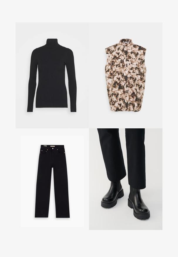 Zwarte geribde coltrui met lange mouwen en een aansluitende pasvorm. De textuur is glad met een horizontaal ribpatroon.; Samsøe Samsøe TEA - Overhemdblouse - clay; Zwarte denim jeans met een recht model, vijf zakken, koperen hardware en een gladde textuur. Twee labels zichtbaar op de tailleband.; Persoon die zwarte leren enkellaarzen met dikke zool draagt, gecombineerd met zwarte broek met rechte pijpen op een witte achtergrond.