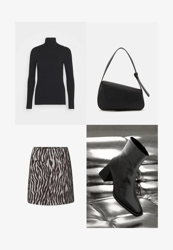 Sort ribbet rullekravesweater med lange ærmer og en tætsiddende silhuet. Teksturen er glat med et vandret ribmønster.; Mini nederdel med sort og grå zebra mønster, lige snit og en skjult lynlås bagpå.; Sorte ankelstøvler lavet af glossy materiale med firkantet tå og spidse hæle, sat mod en skinnende sølv tuftet baggrund.; Sort læderhåndtaske med en triangular form, skrå klap og et rundt håndtag. Har en glat overflade og minimalistiske design detaljer.