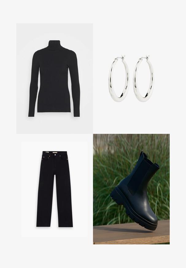 Sort ribbet rullekravesweater med lange ærmer og en tætsiddende silhuet. Teksturen er glat med et vandret ribmønster.; Sorte denim jeans med lige pasform, fem lommer, kobberdetaljer og en glat tekstur. To mærker synlige på taljebåndet.; Sorte læderankelstøvler med et elegant design, rundet tå, elastiske sidepaneler og kraftige, teksturerede gummisåler.; Sølvøreringe i form af hoops med en glat, blank finish. Cirkulær form, der har en sikker lås. Simpelt og elegant design.