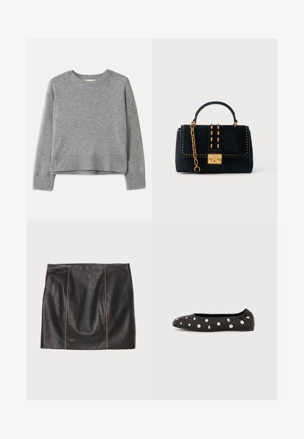 Grå sweater lavet af blødt stof, med rund hals, ribbede manchetter og kant, samt et let cropped design med en glat tekstur.; Sort læderskørt med stikninger, lige silhuet og glat tekstur. Minimalistisk design uden metaldele.; Sort ballerinasko med elastisk bag på skaftet og spredte store sølvfarvede runde nitter på overdelen, vist i profil mod en hvid baggrund.; Sort ruskindshåndtaske med guldkædedetalje, nitter og et håndtag øverst, med en rektangulær guldlås indgraveret med "Michael Kors".