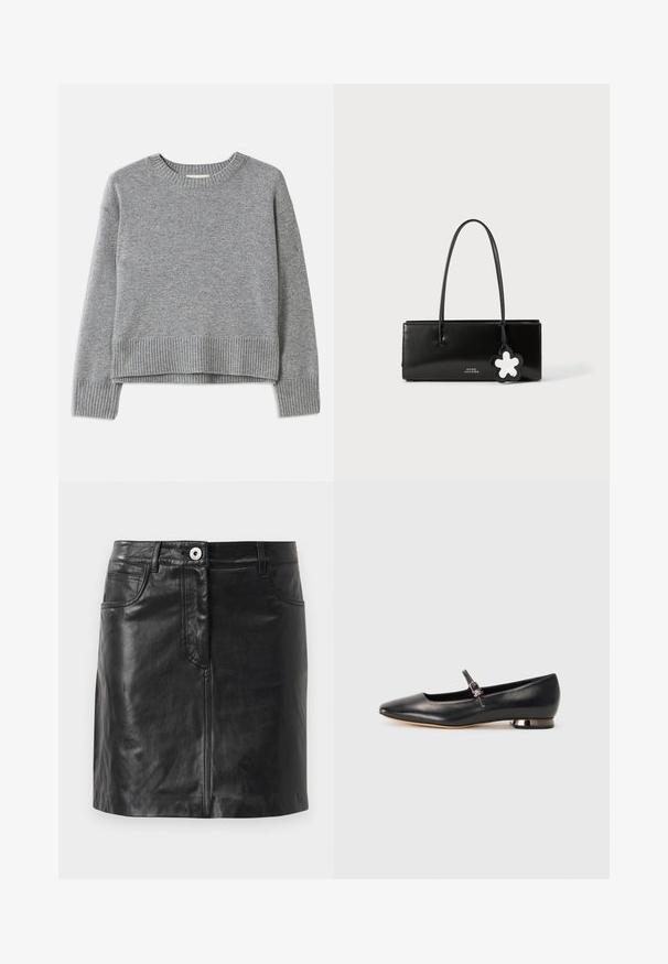 Grå sweater lavet af blødt stof, med rund hals, ribbede manchetter og kant, samt et let cropped design med en glat tekstur.; Weekend Max Mara HULL - Pencil skirt - nero; Sort læder ballerina flad med spids tå, minimal ankelrem og en lille metal blokhæl. Glat tekstur, ingen synlige mønstre.; Sort patenteret læderhåndtaske med en rektangulær form, tynde håndtag og en dekorativ blomsterformet charm. Har logo branding på forsiden.