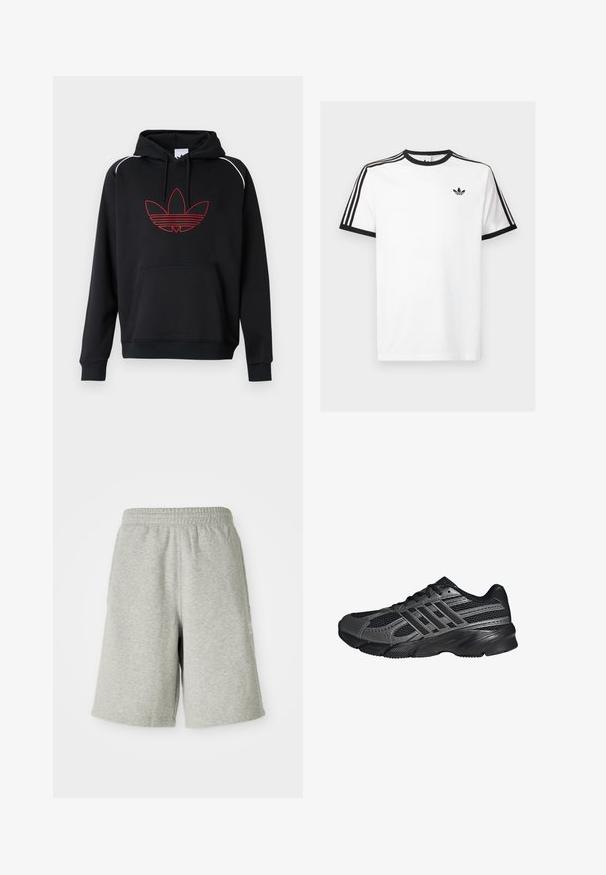 Sort hættetrøje med en forlommekanguru, der har et tre-bladet logo med rød omrids og hvide accentsømme på skuldrene.; Hvid bomulds t-shirt med sort ribkant ved hals og ærmer, med tre sorte striber på hver skulder og et lille logo på brystet.; Grå bomuldsshorts med elastisk talje, knælængde design og diskret logo detalje på siden. Blød tekstur med en afslappet, sportiv pasform.; Sorte træningssko lavet af mesh og syntetiske materialer, med en tekstureret overflade, flere grå striber og en polstret krave.
