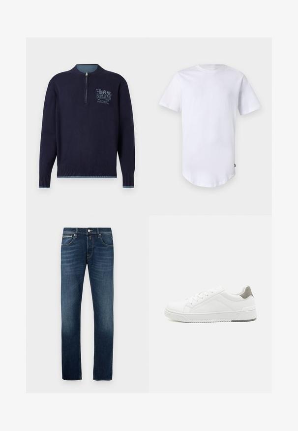 Dunkelblauer Langarm-Pullover mit Viertel-Reißverschluss, gerippten Bündchen und Saum sowie einem hellblauen "Replay Blue Jeans"-Logo auf der linken Brust.; Weißes T-Shirt mit kurzen Ärmeln aus Baumwolle. Rundhalsausschnitt mit abgerundetem Saum. Etikett auf der unteren linken Seite sichtbar. Glatte Textur.; Dunkelblaue Gerade geschnittene Jeans mit leichter Ausbleichung an den Oberschenkeln, fünf Taschen und einem metallenen Knopfverschluss an der Taille.; Weißer Sneaker aus glattem Leder, runde Zehenpartie, minimalistisches Design, graue Fersenkante und strukturierte Gummisohle.