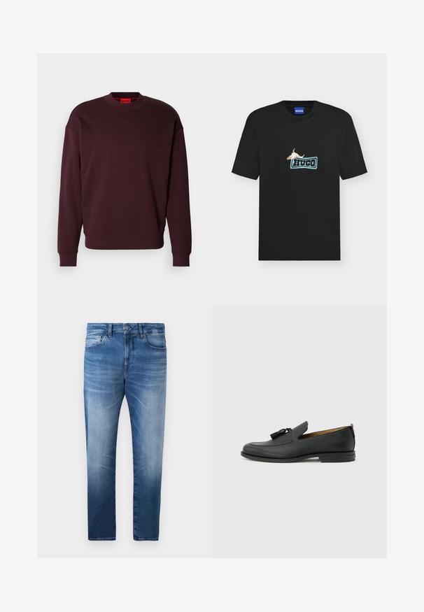 Sudadera burdeos hecha de tela suave, con cuello redondo, puños acanalados y un pequeño logo en relieve en el pecho.; Camiseta negra de manga corta con un pequeño gráfico de un cráneo de toro y un logo rectangular azul con la palabra "HUGO" centrado en el pecho.; Pantalones vaqueros de denim azul claro con un acabado desgastado, diseño de cinco bolsillos, cremallera y pasadores para cinturón. Presenta un corte recto y una textura suave.; Mocasín negro de cuero para hombre con borlas, punta redonda, tacón bajo y pestaña para tirar en la parte trasera, mostrado de perfil lateral sobre un fondo gris claro.