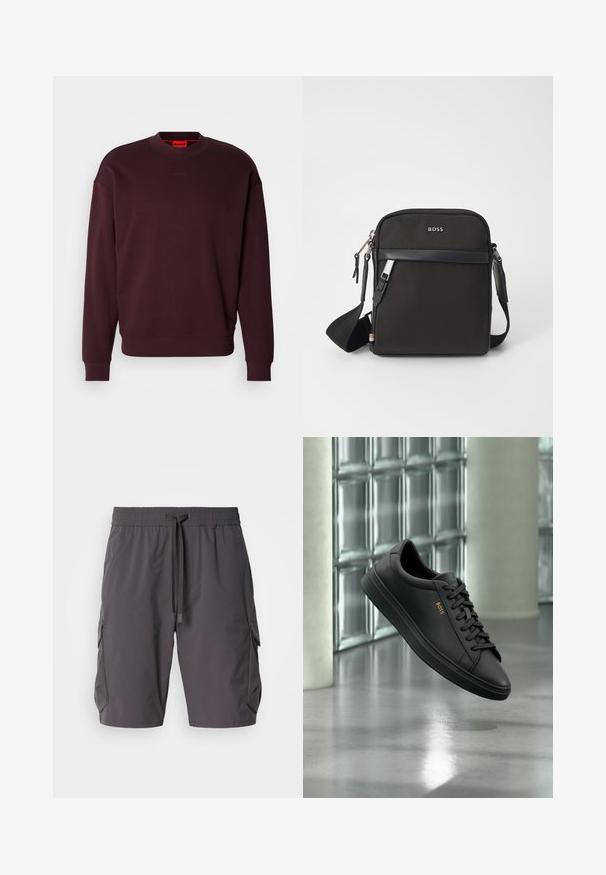 Bordeauxrotes Sweatshirt aus weichem Stoff, mit Rundhalsausschnitt, gerippten Bündchen und einem kleinen geprägten Logo auf der Brust.; Graue Cargo-Shorts aus leichtem Stoff, mit einem Kordelzugbund, Seitentaschen und einem leicht lockeren Schnitt.; Schwarzer flacher Ledersneaker mit schwarzen Schnürsenkeln und goldenem BOSS-Logo an der Seite, schwebend über einem glänzenden grauen Boden in einem modernen Innenraum.; Schwarze Umhängetasche aus strukturiertem Stoff, mit Logo auf der Vorderseite, Reißverschluss und verstellbarem Tragegurt. Verfügt über eine glatte Lederbesatz.