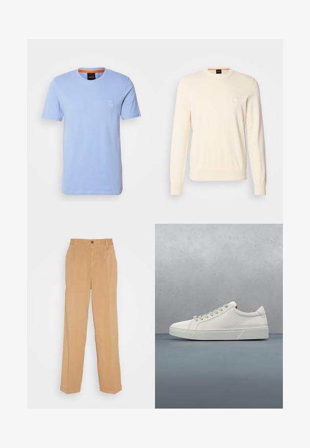 Crème-kleurige trui met een ronde hals, lange mouwen en een klein vierkant logo op de borst. Gemaakt van zachte, premium stof.; Lichtblauw katoenen T-shirt met korte mouwen, ronde halslijn en een klein reliëflogo op de borst. Contrasterende oranje binnenkraag.; Beige wijde broek van zacht materiaal, voorzien van twee voorzakken, een knoopsluiting en plooidetails langs de benen.; Witte leren sneaker met een ronde neus, minimalistisch ontwerp, grijze veters en een gestructureerde grijze rubberen zool. Fijne stikdetails zichtbaar.