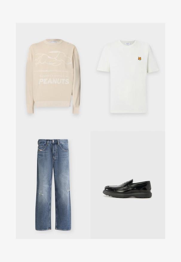 Pull beige avec un motif en relief de Snoopy et le texte "Everybody's in a happy la see PEANUTS" sur le devant, manches et ourlet côtelés.; T-shirt blanc à manches courtes avec un petit logo brodé d'une tête de renard orange sur le côté gauche de la poitrine.; Jean bleu droit avec légère usure aux deux jambes, poches avant, passants de ceinture et fermeture par bouton.; Mocassin en cuir noir avec une finition brillante, bout arrondi, détails de couture subtils et semelle en caoutchouc épaisse pour la durabilité.