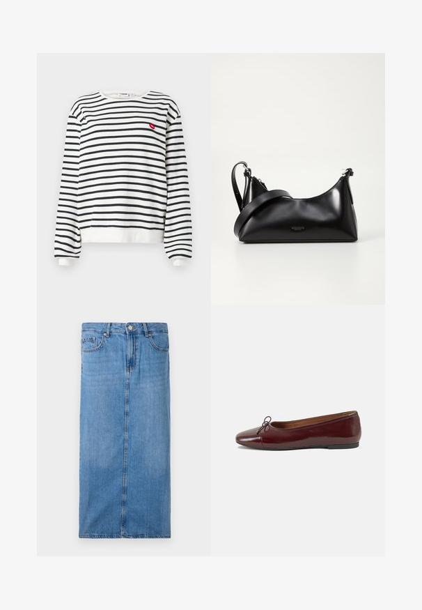 Ribadestatud valgete ja mustade triipudega dressipluus, pikad varrukad, ümar kaelus ning punane tikand suu detail rinnal. Pehme kangas, mugav lõige.; Heledsinine denim midi seelik, millel on sirge siluett, eesmine õmblus ja tavaline talje koos viie vöökohaga ja metallnupuga kinnitamine.; Burgundi patendnahk kingad balletitüüpi, ümmarguse ninaosa, ees väike paelaaktsent ja madal must kummist tald. Sile tekstuur.; Mustmust nahkaga kott sileda tekstuuriga. Omab reguleeritavat rihma ja sujuvat, minimalistlikku disaini, millel on lukuga sulgemine.
