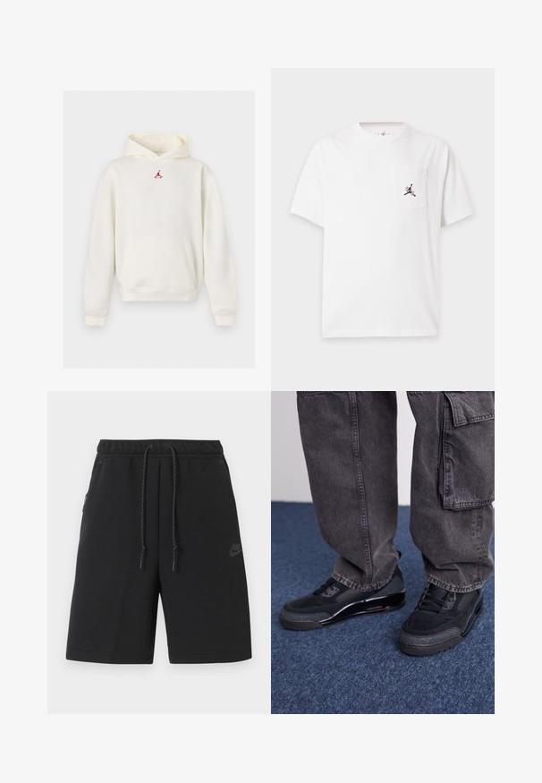 Sweat à capuche blanc avec poche kangourou à l’avant et petit logo Jumpman rouge au-dessus de la poitrine, avec capuche et manches longues.; T-shirt blanc à manches courtes avec col rond et petit logo noir et rouge sur la poche gauche de la poitrine, sur un fond uni.; Shorts de sport noirs Nike avec taille élastique, cordon de serrage, poches latérales et logo discret sur la cuisse gauche.; Des chaussures de sport noires avec une surface texturée, des accents lisses et une semelle épaisse, accompagnées de pantalons cargo larges et foncés.
