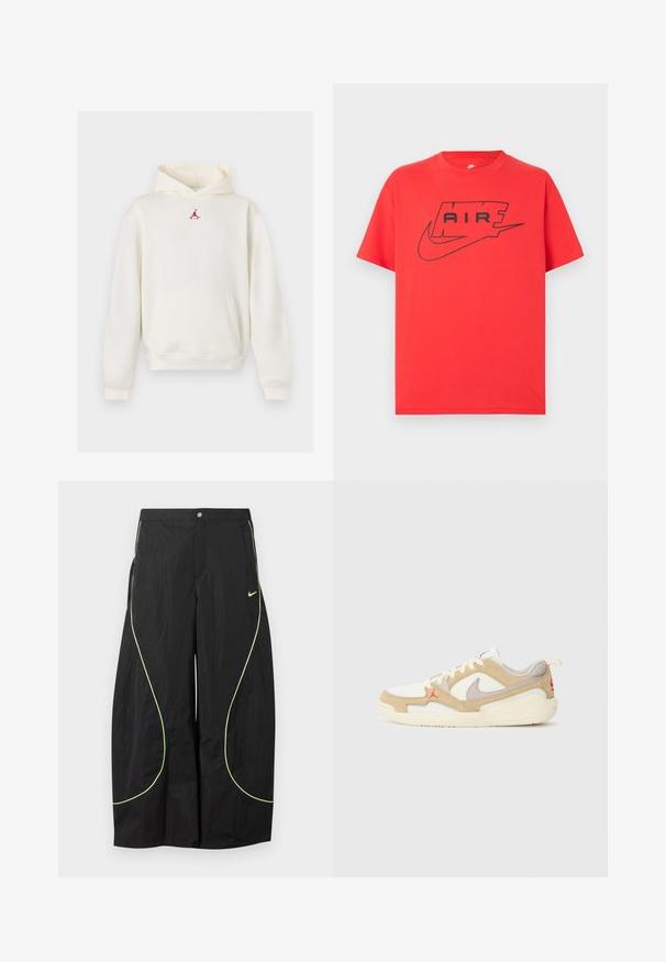 Hvid hættetrøje med frontlomme og lille rødt Jumpman-logo over brystet, med hætte og lange ærmer.; Rød bomulds-T-shirt med sort Nike-logo og teksten "AIR". Korte ærmer og rund halsudskæring med en afslappet pasform. Glat tekstur.; Sorte Nike bukser med brede ben, med neon-grøn buet piping og lille Nike swoosh-logo på højre lår, knap- og lynlåslukning i taljen.; Hvide og beige sneakers med net- og ruskindspaneler, grå accenter, rødt logo og orange trækflap. Rund tå og polstret således design.