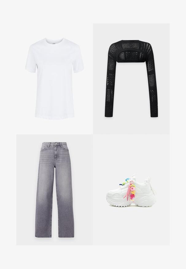 Zwarte gehaakte bolero met lange mouwen en opengeweven vierkante patronen, gezien van achteren op een lichte achtergrond.; Effen wit katoenen T-shirt met korte mouwen, ronde hals en omgeslagen mouwzomen, getoond op een effen witte achtergrond.; Hoge taille, wijde pijpen jeans van lichtgrijs denim. Voorzien van een klassiek vijf-pocket ontwerp, subtiele vervaging en een metalen knoopsluiting.; Chunky witte sneaker met dikke zool en kleurrijke kralenversiering "LOVE" bevestigd aan roze veter op een effen achtergrond.
