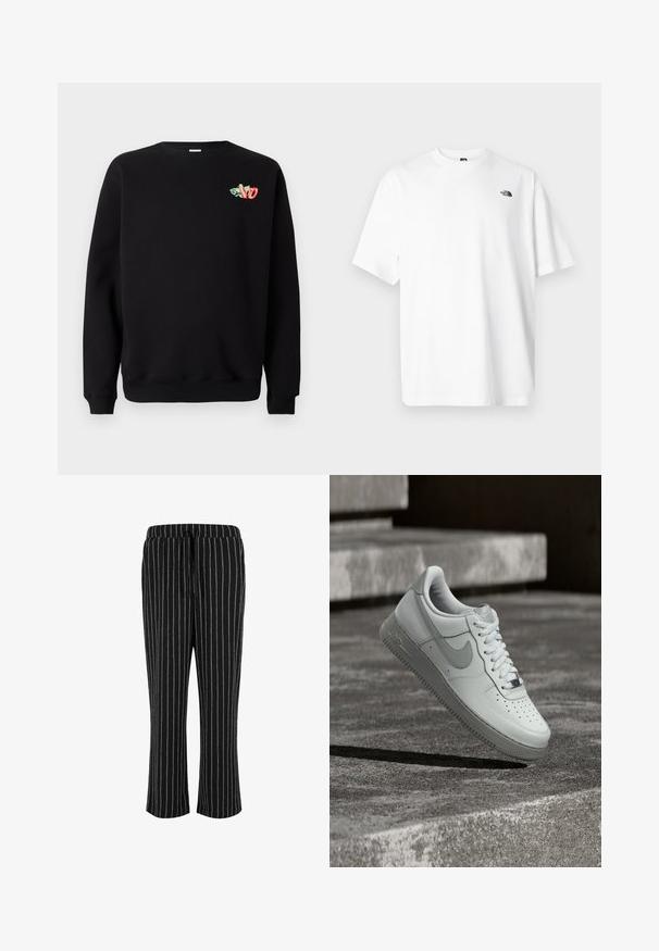 Sort sweatshirt lavet af blødt stof, med rund halsudskæring, ribkanter ved håndleddene og et lille farverigt broderet design på brystet.; Hvid bomuld t-shirt med korte ærmer, V-udskæring, med en lille sort logo på øverste venstre side. Blød tekstur, afslappet pasform.; Sorte og hvidestribede pyjamasbukser med elastisk talje og snøre, der har en afslappet pasform og cropped længde.; Hvid Nike Air Force 1 sneaker, der svæver over en tekstureret betongulv med stenetrin i baggrunden.