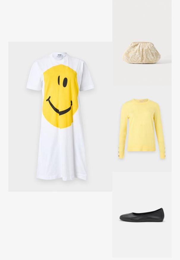 Pull jaune pâle à manches longues avec col rond et trois boutons marron sur chaque manchette, présenté sur un fond gris clair.; Robe blanche à manches courtes avec un grand motif visage souriant jaune centré sur le devant, col rond et étiquette Moschino à l'intérieur du col.; Ballerines en cuir noir avec un bout rond, texture lisse, détails de couture minimalistes et design de semelle flexible.; Pochette en tissu couleur crème avec superposition de dentelle florale et fermeture supérieure froncée sur fond clair uni.
