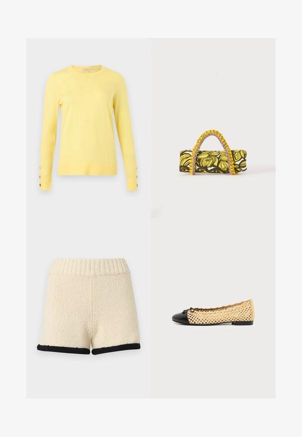 Pull jaune pâle à manches longues avec col rond et trois boutons marron sur chaque manchette, présenté sur un fond gris clair.; Shorts en tricot couleur crème avec taille côtelée et bordure noire à l'ourlet, présentés sur un fond clair uni.; Chaussure plate beige tissée avec bout fermé noir et petit détail de nœud, vue de profil sur fond blanc.; Sac rectangulaire avec motif floral jaune et noir et anse tressée jaune et rose sur fond blanc.