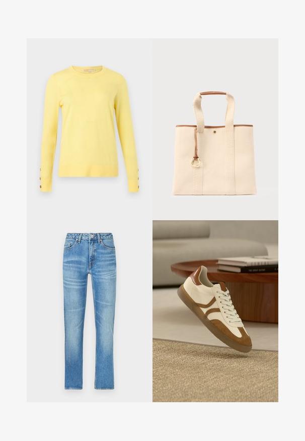 Langærmet lysegul sweater med rund hals og tre brune knapper på hver manchet, vist på en lys grå baggrund.; Lyseblå denimjeans med lige ben, der har forlommer, knaplukning og diskret falmning over stoffet.; Hvide og beige sneakers med læder- og ruskindsmaterialer, rund tå, snøresystem og tekstureret gummisål med dekorative sidestriber.; Beige stofnet med brun læderkant, to håndtag og en lille hængende læderstrop med en guldringdetalje.