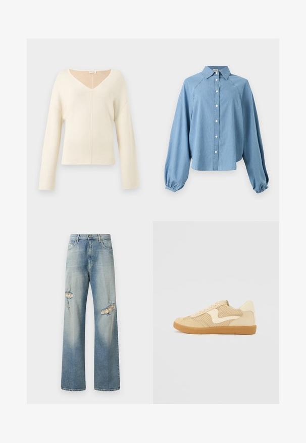 Weicher, cremefarbener V-Ausschnitt-Pullover mit langen Ärmeln und lässiger Passform aus Strickstoff.; Hellblaue Denimbluse mit langen Puffärmeln, Knopfleiste vorne und spitzem Kragen auf weißem Hintergrund.; Helle blaue Jeans im weiten Schnitt mit distressierten Löchern vorne, Knopfverschluss und klassischem Fünf-Taschen-Design. Weiche Textur.; Beige Sneaker aus Wildleder und Mesh-Materialien, runde Form, auffälliger gepolsterter Kragen und eine Sohle aus Gummi. Verfügt über ein wellenförmiges Design-Highlight.