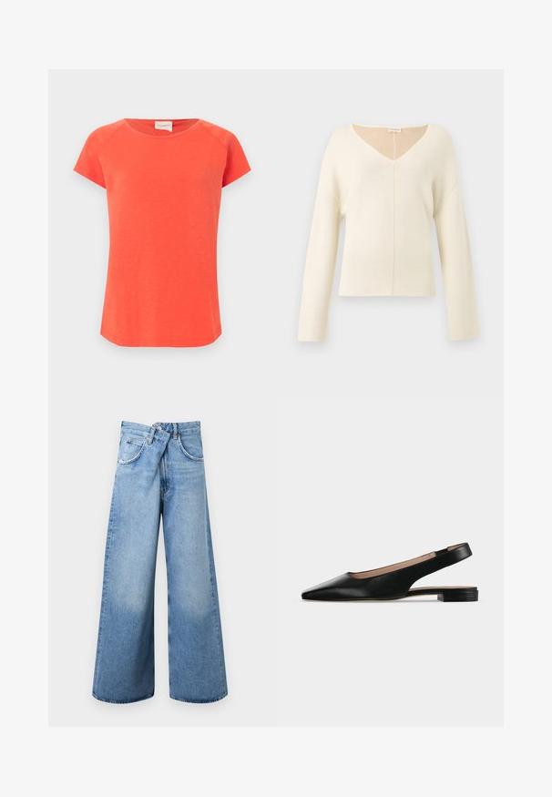 Pull doux crème à col en V avec manches longues et coupe décontractée en tissu tricoté.; T-shirt uni orange vif à manches courtes avec encolure arrondie et couture visible sur les épaules et les manches, sur un fond clair.; Jean en denim bleu clair à jambes larges, taille haute, fermeture par boutons, et conception à cinq poches, présenté à plat sur un fond blanc.; Chaussure plate en cuir noir avec bride arrière, bout pointu et petit talon carré sur fond blanc.