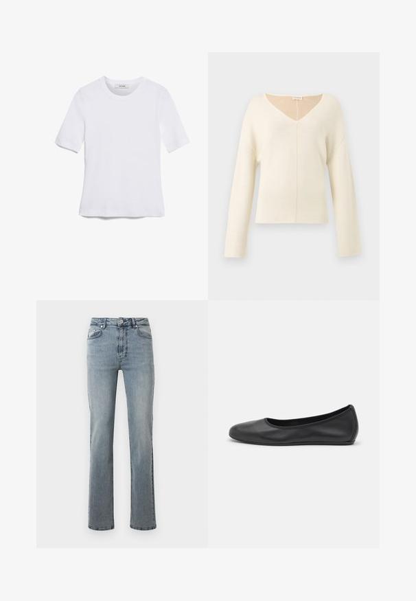 Blød cremefarvet V-udskæring sweater med lange ærmer og en afslappet pasform lavet af strikket stof.; Hvid kortærmet t-shirt lavet af ribbet stof. Rund halsudskæring, almindelig pasform og subtile syninger. Ingen mønstre eller grafik.; Lysblå denimjeans med høj talje, lige ben-design, subtilt slid, fem-lomme stil og metalknaplukning.; Sort læderballetsko med rund tå, glat tekstur, minimal syning og et fleksibelt såldesign.