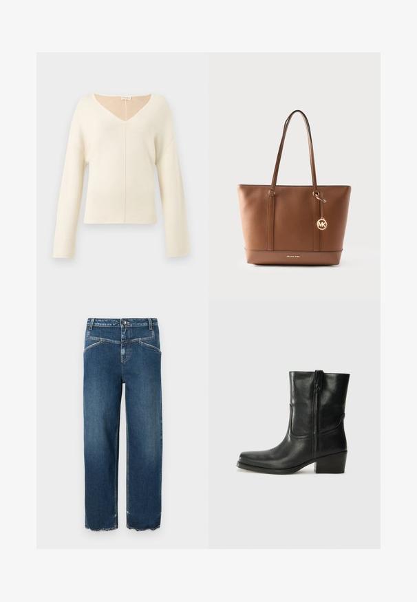 Blød cremefarvet V-udskæring sweater med lange ærmer og en afslappet pasform lavet af strikket stof.; CLOSED STOVER - Jeans Relaxed Fit - dark blue; Sort læder ankelstøvle med rundt tå, blokhæl, lynlås i siden og stikninger på vampsiden. Glat tekstur, klassisk design.; Brun lædertaske med to skulderremme og en rund guldfarvet logohængende på højre side.