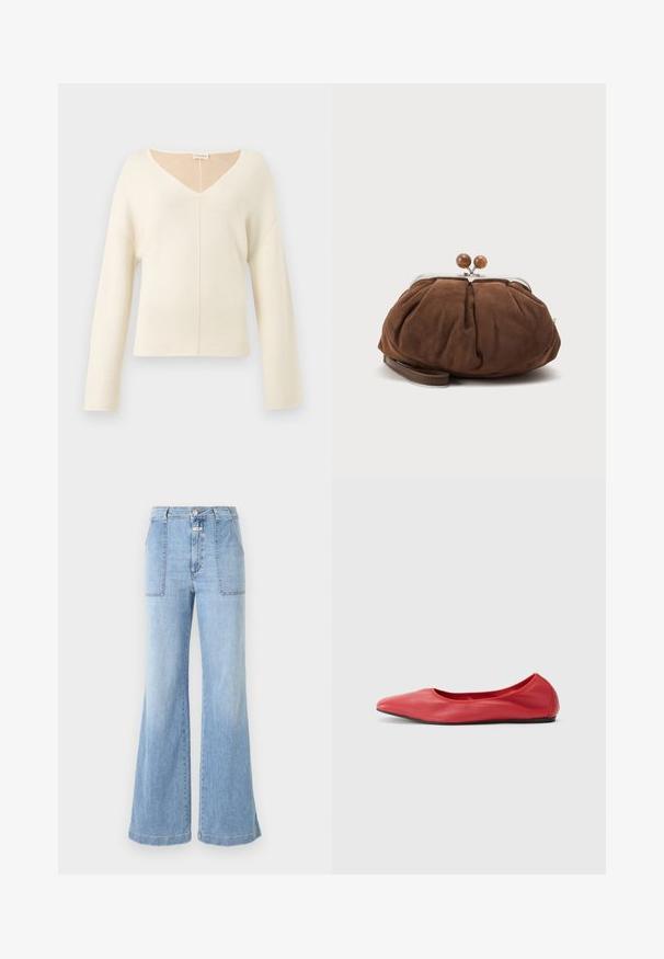 Zachte crème kleurige V-hals trui met lange mouwen en een relaxte pasvorm, gemaakt van gebreide stof.; CLOSED ARIA - Flared Jeans - light blue; Filippa K REY FLATS - Ballerina's - bright red; Zachte bruine suède polstasje met zilverkleurige metalen frame en ronde bruine sluitknopjes op een effen lichte achtergrond.