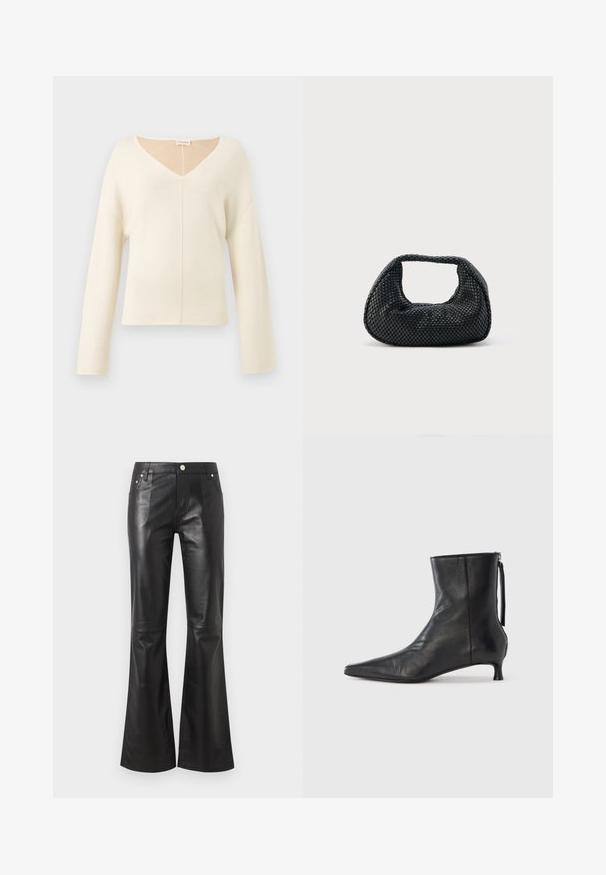 Pull doux crème à col en V avec manches longues et coupe décontractée en tissu tricoté.; Pantalon taille haute en simili cuir noir avec jambes évasées, fermeture devant par bouton et fermeture éclair, poches devant et derrière.; Bottine en cuir noir à bout pointu, forme structurée et petit talon. Dispose d'une fermeture éclair latérale et d'un design minimaliste.; Sac hobo tissé noir avec une structure souple et une poignée intégrée, présenté sur un fond clair uni.
