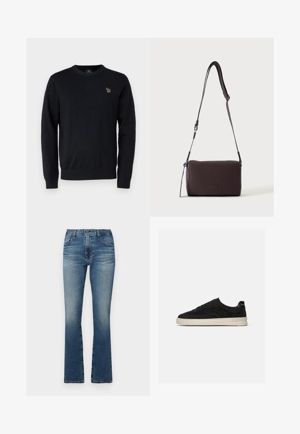 PS Paul Smith CREW NECK - Džemper - black; Keskmise sinise tooni denimpüksid, millel on muutuv viimistlus, klassikaline viie tasku disain ja metallist detailid.; Mustast seemisest madala lõuaga toss, mustade paelte ja valge kummist tallaga, külgvaade ühevärvilisel heledal hallil taustal.; Tumepruun tekstureeritud nahast üle õla kantav kott, reguleeritava rihmaga ja väikese sinise dekoratiivse aktsendiga küljes.