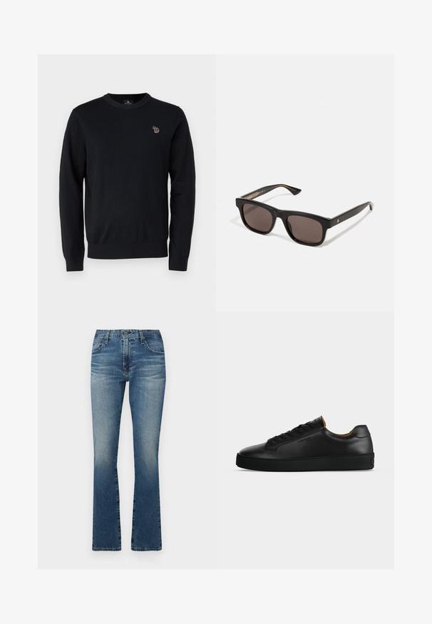 PS Paul Smith CREW NECK - Svetrík - black; Džínsy s rozšírenými nohavicami v stredne modrej farbe s vyblednutým povrchom, s klasickým dizajnom piatich vreciek a kovovými doplnkami.; Čierny nízky kožený teniska s čiernymi šnúrkami, štruktúrovanou gumovou podrážkou a malým vyrazeným logom na boku, zobrazený v profile na sivom pozadí.; Čierne obdĺžnikové slnečné okuliare s tmavými šošovkami. Plastový rám s hladkou textúrou a jemným značkovým detailom na vnútornej strane spánku.