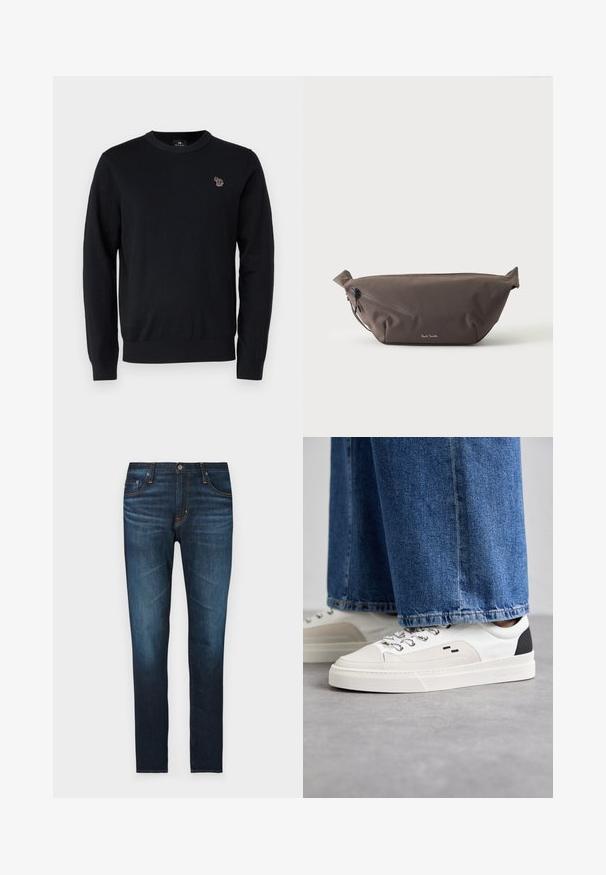 PS Paul Smith CREW NECK - Svetrík - black; Tmavomodré džíny z denimu s rovnými nohavicami, obsahujúce päť vreciek, oranžové švy a hladkú textúru.; Biele a čierne tenisky s hladkým koženým zvrškom, štruktúrovanými akcentmi a masívnou bielou podrážkou. Obsahujú klasický dizajn so šnurovaním.; Tmavohnedá látková ľadvinka s diagonálnym zipsovým vreckom a malým bielym logom vpredu, na jednofarebnom svetlom pozadí.