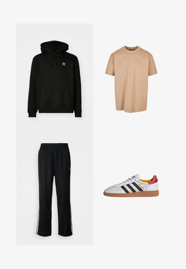 Sweat-shirt à capuche noire en mélange de coton, avec une poche avant, des poignets côtelés et un petit logo blanc sur la poitrine, côté gauche.; T-shirt en coton beige avec un col rond, des manches courtes et une coupe décontractée ; présente une texture lisse et un design minimal.; Pantalons de sport noirs avec une taille élastique, ornés de rayures blanches sur les côtés et d'un petit logo. Le matériau semble doux et léger.; Baskets Adidas Spezial blanches avec bandes noires, semelle en gomme, motif matelassé, languette talon rouge et doublure intérieure jaune, vue latérale.
