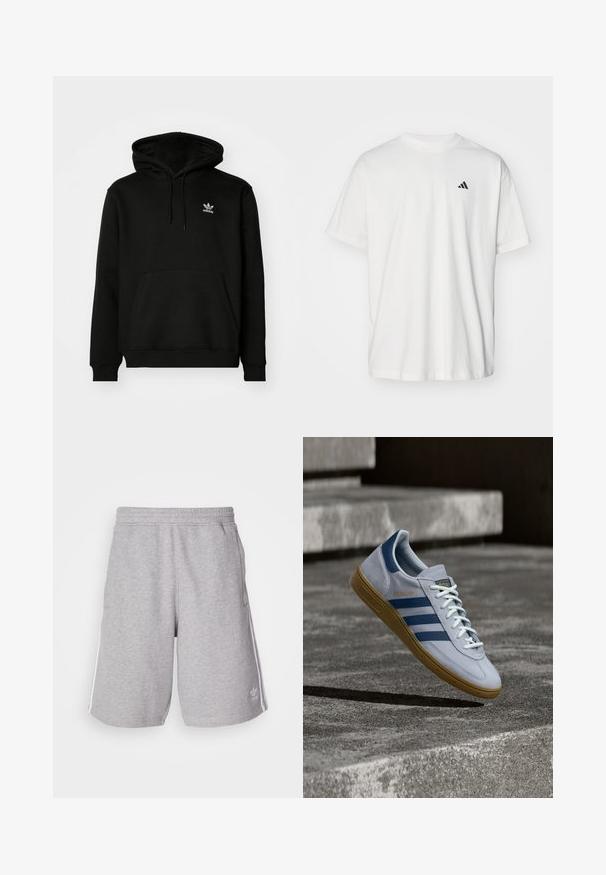 Sort hættejakke lavet af bomuldsblanding, har en frontlomme, ribbede manchetter og et lille hvidt logo på venstre bryst.; Hvid bomulds t-shirt med korte ærmer, rund hals og et lille sort Adidas-logo på venstre bryst. Blød tekstur, afslappet pasform.; Grå sportshorts lavet af en blanding af bomuldsstof. Har sidelommer, elastisk talje og hvide sidestriber. Klassisk design.; Lyseblå Adidas Spezial sneakers med marineblå striber og gummisål, vist i luften over betontrapper i et neutralt udendørsmiljø.