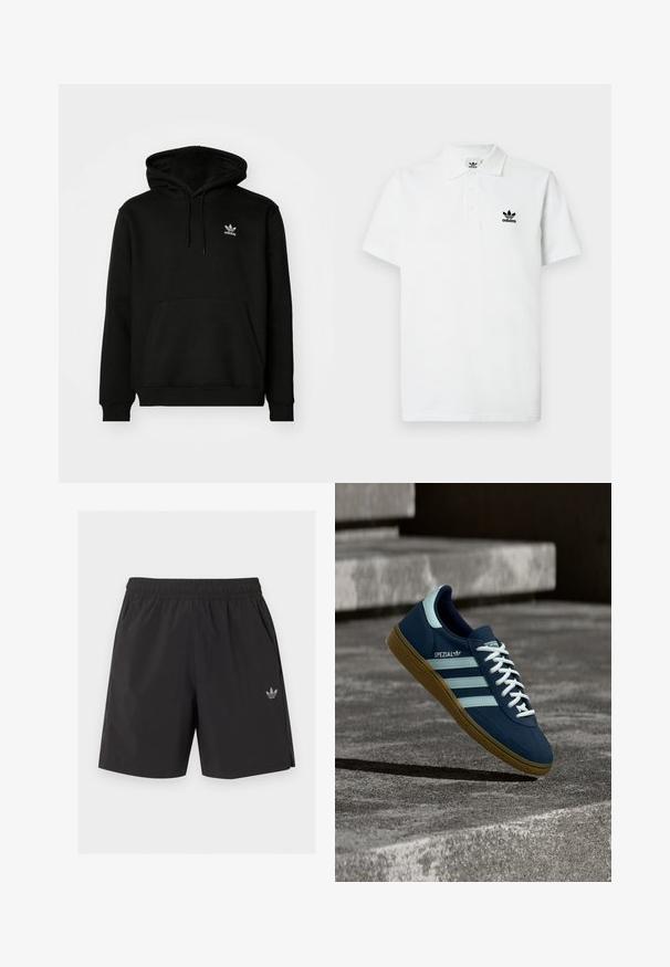 Sweat-shirt à capuche noire en mélange de coton, avec une poche avant, des poignets côtelés et un petit logo blanc sur la poitrine, côté gauche.; Polo en coton blanc avec col classique, patte de boutonnage à trois boutons et logo Adidas brodé en noir sur la poitrine gauche. Manches courtes.; Short de sport noir à taille élastique avec poches latérales et petit logo Adidas sur la jambe gauche.; Baskets Adidas Spezial bleues avec des rayures et des lacets blancs, semelle en gomme, flottant au-dessus d'une surface en béton rugueuse et des marches en arrière-plan.