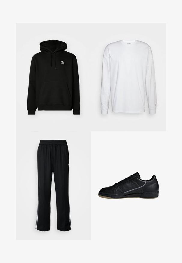Zwarte hoodie van een katoenmix, voorzien van een voorzak, ribgebreide manchetten en een klein wit logo op de bovenste linkerborst.; Witte lange mouwen T-shirt van katoen. Ronde hals ontwerp met ribgebreide manchetten en een klein logo op de linkermouw. Gladde textuur.; Zwarte sportbroeken met een elastische tailleband, voorzien van witte zijkanten en een klein logo. Het materiaal lijkt zacht en lichtgewicht te zijn.; adidas Originals CONTINENTAL 80 SHOES - Sneakers laag - black