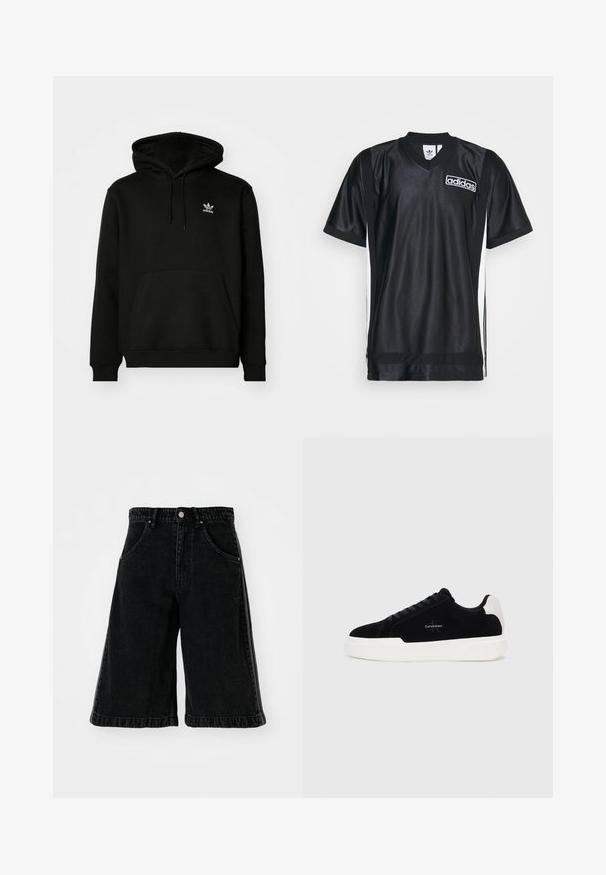Sort hættejakke lavet af bomuldsblanding, har en frontlomme, ribbede manchetter og et lille hvidt logo på venstre bryst.; Sort sporty jersey lavet af glat, skinnende stof med V-hals, prydet med hvide sidelister og et Adidas-logo på brystet.; Sorte denimshorts med bred ben-design, der har høj talje, bæltestropper og forlommer. Minimalistisk syninger og hardware detaljer.; Sort lave sneakers med hvid sål og hæltap, snørebånd fortil, og Calvin Klein-logo på siden.