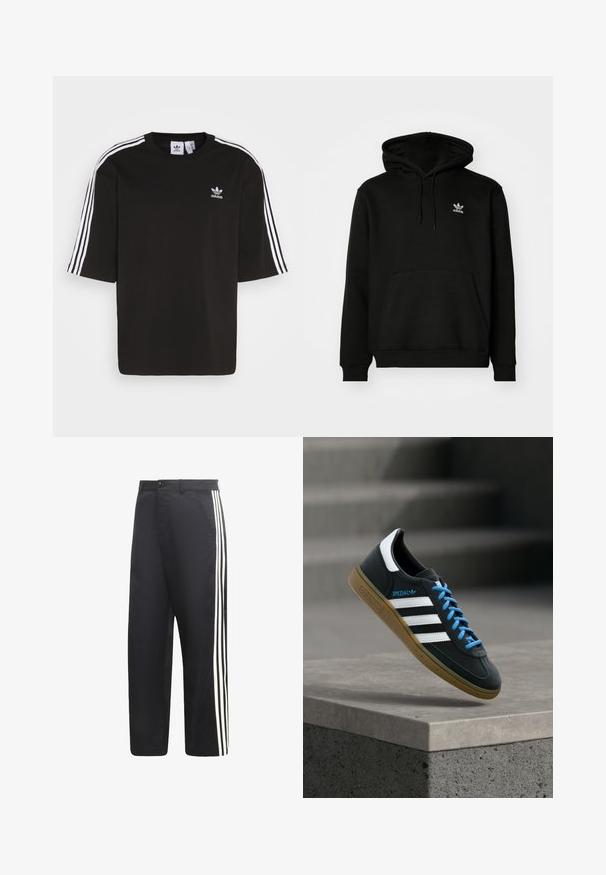 Sweat-shirt à capuche noire en mélange de coton, avec une poche avant, des poignets côtelés et un petit logo blanc sur la poitrine, côté gauche.; T-shirt noir à manches courtes en coton, avec des accents de trois rayures blanches sur les épaules et un logo Adidas brodé sur la poitrine.; Pantalon noir à coupe droite avec trois bandes verticales blanches le long des côtés extérieurs de chaque jambe.; Baskets Adidas noires avec des rayures blanches, des lacets bleus et une semelle en gomme flottant au-dessus d'une marche en béton grise sous une lumière douce.