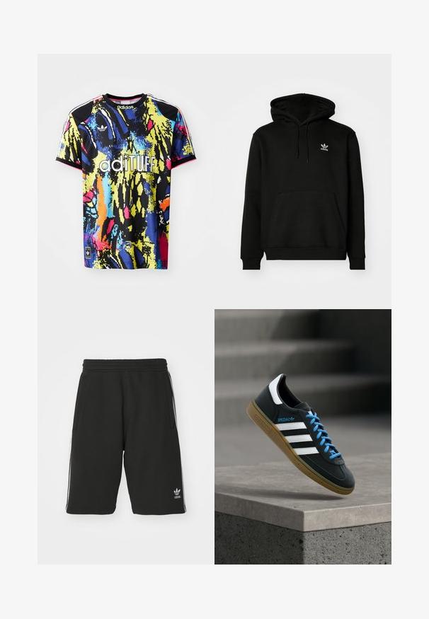Must värvi kapuutsiga sviiter, mis on valmistatud puuvilla segust, millel on eesmine kott, soonikkoes mansetid ja väike valge logo vasakul rinnal.; Värviline adidas sporditop, millel on elav abstraktne muster, lühikesed varrukad, ümmargune kaelus ja ees "adituff" logo.; Mustast puuvilla segust materjalist lühikesed püksid elastse vöökohtadega, millel on valged külgtriibud ja väike logo alumisel vasakul.; Must Adidas toss valgete triibu, siniste paelte ja kummist tallaga, hõljuv pehme valgusega halli betoonastme kohal.