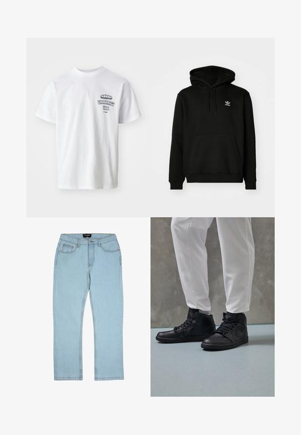 Sort hættejakke lavet af bomuldsblanding, har en frontlomme, ribbede manchetter og et lille hvidt logo på venstre bryst.; Hvid bomulds t-shirt med korte ærmer, rund hals og et grafisk print med teksten "Carhartt WIP" samt en madillustration på brystet.; Lyseblå cowboybukser i denim med lige ben, der har standardlommer og synlige syningsdetaljer. Ingen udsmykninger.; Sorte højtop sneakers i glat læder, rund tå og snørelukning; parret med hvide tapered bukser, vist på et tekstureret gulv.