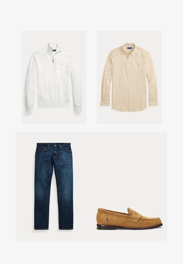 Sudadera blanca de manga larga con cremallera en el cuello, textura tejida y un pequeño logo bordado en gris en el pecho izquierdo.; Camisa beige y blanca de manga larga con botones, rayas verticales, cuello y logo de Polo Ralph Lauren en el pecho izquierdo.; Vaqueros de mezclilla azul oscuro con un leve desvanecimiento en los muslos y bolsillos, cierre de botón y cremallera, y diseño de cinco bolsillos, colocados planos sobre un fondo blanco.; Mocasín de ante color tostado con detalles cosidos y un pequeño logo bordado de caballo en el lateral, con un tacón bajo de madera y diseño sin cordones.