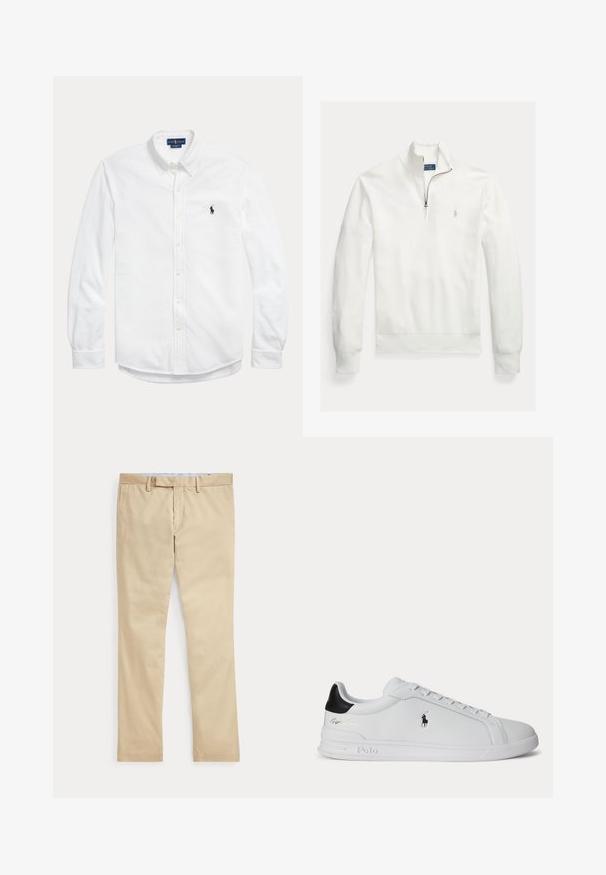 Hvid, langærmet pullover-sweatshirt med en lynlåsskrave, vævet tekstur og et lille, gråt broderet logo på venstre bryst.; Hvid skjorte med lange ærmer med knapper, knaplukket krave og lille mørkt Polo Ralph Lauren-logo på venstre bryst.; Beige bukser med lige ben, bæltestropper og frontlynlås, lagt fladt mod en hvid baggrund.; Hvid lavtop sneaker med sort hælfane, snørebånd og Polo Ralph Lauren-logo på siden, med præget såldetaljer.
