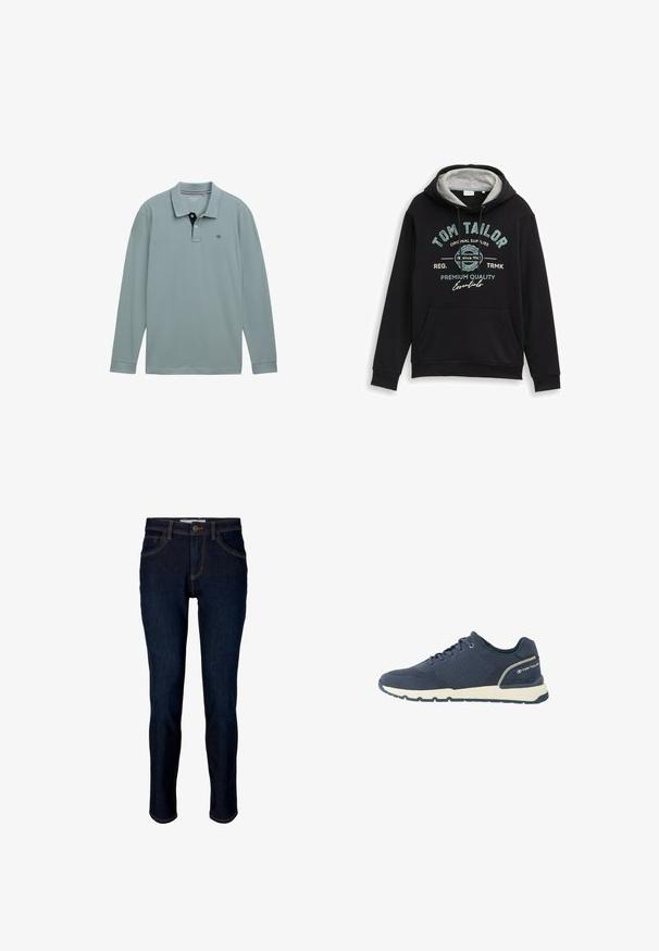Zwarte hoodie met grijze binnenvoering, grote voorzak en Tom Tailor merknaam in blauw en wit, met een vintage-stijl grafische print.; Lange mouwen polo shirt in lichtblauw met een contrasterende marinekleurige kraag. Katoenen materiaal, met een klein logo op de linkerborst. Klassieke pasvorm.; Donkerblauwe denim jeans met een rechte pijpontwerp, voorzien van vijf zakken, gouden stiksels en een knoopsluiting in de taille.; Marineblauwe sportschoen met mesh bovenwerk, witte zool, zwarte loopzool en "Tom Tailor" logo op de hielkap.