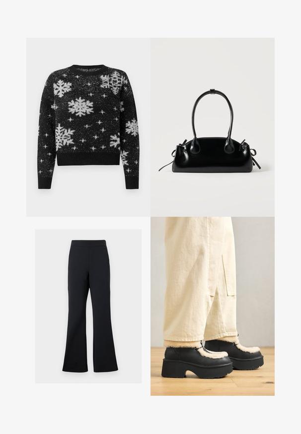 Pull noir avec des motifs de flocons de neige et d'étoiles blancs, fabriqué en tissu texturé, col rond, et ourlet et poignets côtelés.; Pantalons noirs évasés en tissu doux avec une taille élastique et un détail de poche latérale discret, présentant une texture lisse et un design minimaliste.; Bottes à plateforme noires avec un bout rond, dotées d'un col crémeux duveteux et de détails en dentelle, associées à un pantalon beige ample sur un sol en bois.; Petit sac à main noir brillant avec deux longues anses et des détails à cordon sur les côtés sur un fond clair uni.