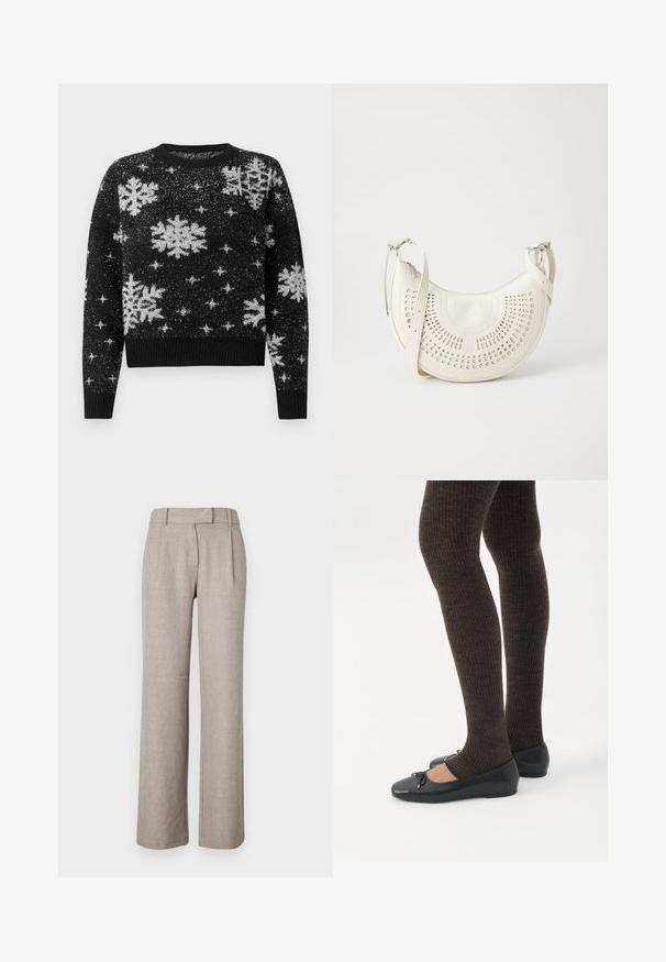 Sort sweater med hvide snefnug- og stjernemønstre, lavet i et struktureret stof, rund halsudskæring og ribbede kanter og manchetter.; Beige skræddersyede bukser lavet af et struktureret stof, med et lige ben-design og frontfolder. Ingen synligt hardware eller mønstre.; Ben iført mørke ribbede leggings kombineret med sorte balletsko med små sløjfedetaljer på hvid baggrund.; Hvid vegan læder skuldertaske med perforeret cirkulært design, justerbar strop og indgraveret logo foran. Lynlåslukning øverst.